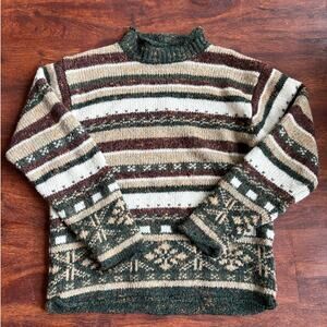 Vintage 90s Striped Roll Neck Sweater Mock Neck Medium Fair Isle Snowflake Knit